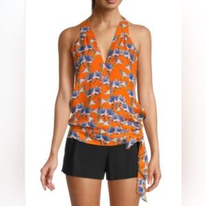 NWOT PARKER Kenna Floral Wrap Top Silk Orange Blue Sleeveless Size S
